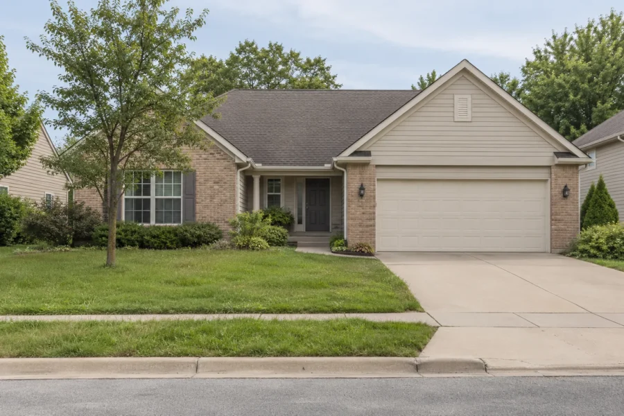 An ordinary single storey suburban house with brick and siding, slightly longer than usual grass on the front lawn and an empty concrete driveway