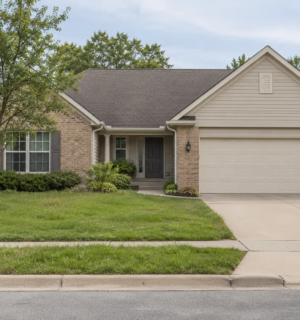 An ordinary single story suburban house in brick and siding