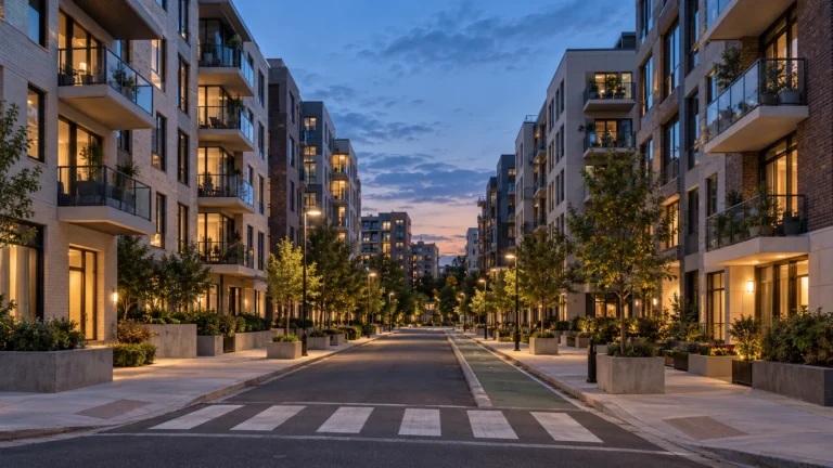 A dense urban residential street at street level with mid rise apartment buildings of glass and pale brick on both sides, wide sidewalks, young street trees and warm light in the windows at early evening