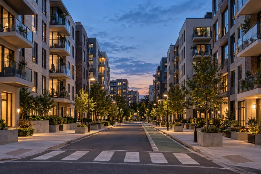 A dense urban residential street with mid rise buildings