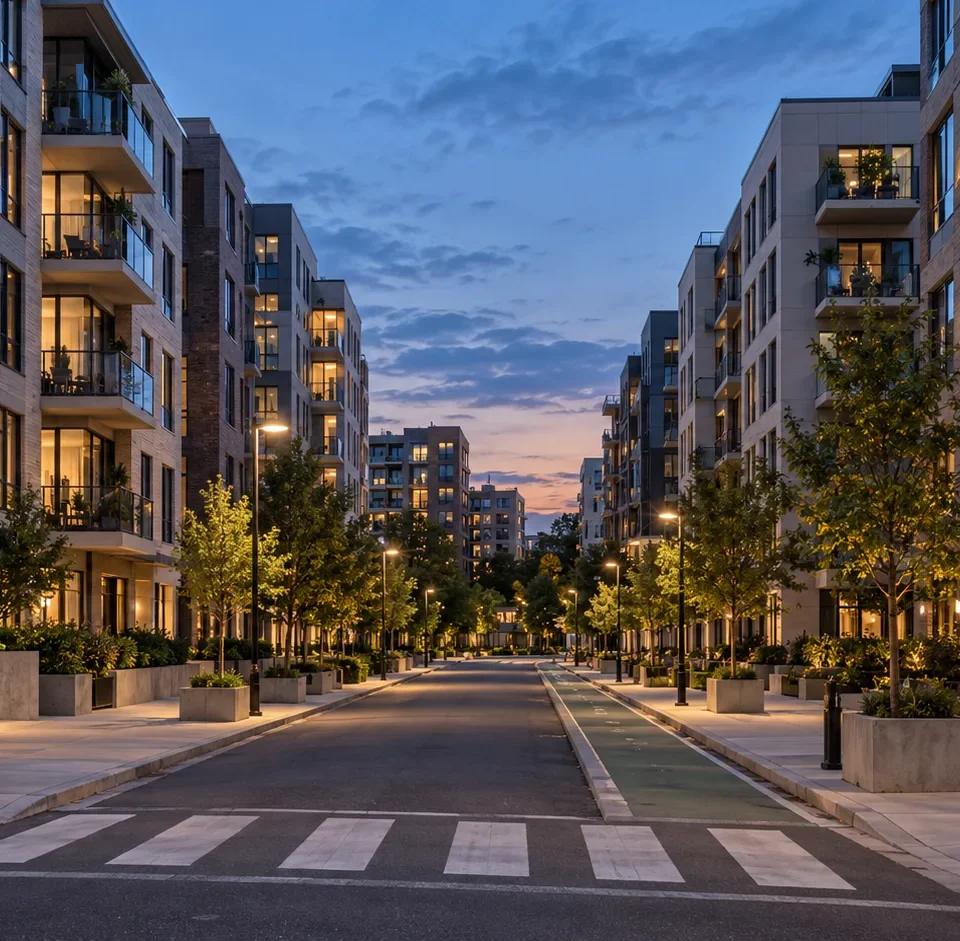 A dense urban residential street with mid rise buildings