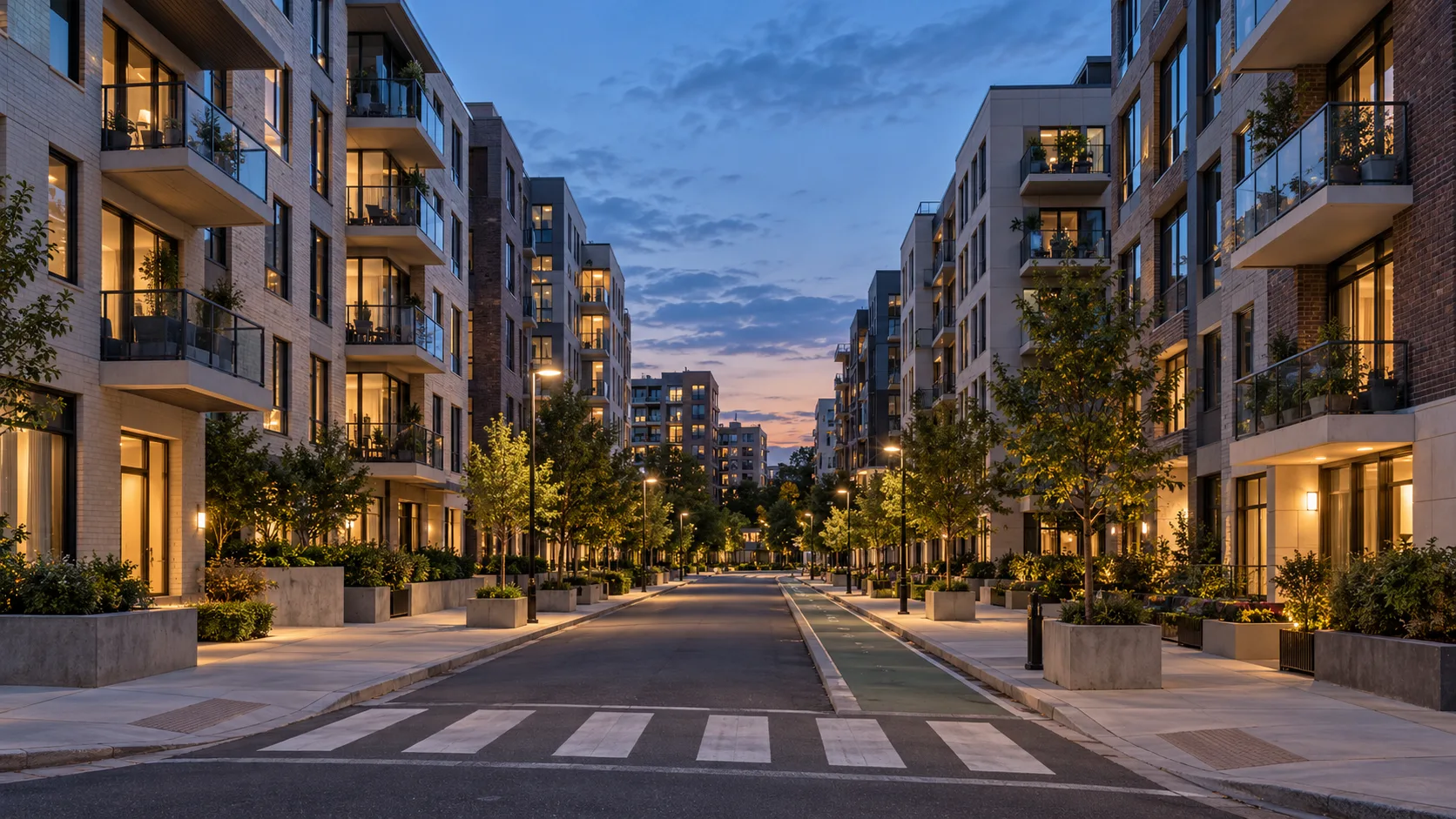 A dense urban residential street at street level with mid rise apartment buildings of glass and pale brick on both sides, wide sidewalks, young street trees and warm light in the windows at early evening