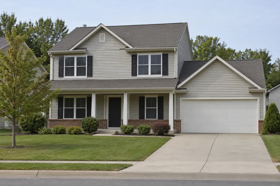 A vacant but tidy two storey house with pale siding, a brick skirt and an empty driveway under flat daylight