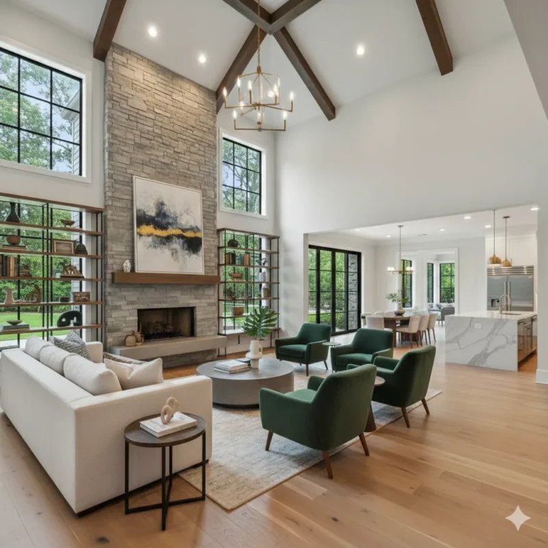 A vaulted great room with exposed beams, a stone fireplace and a chandelier