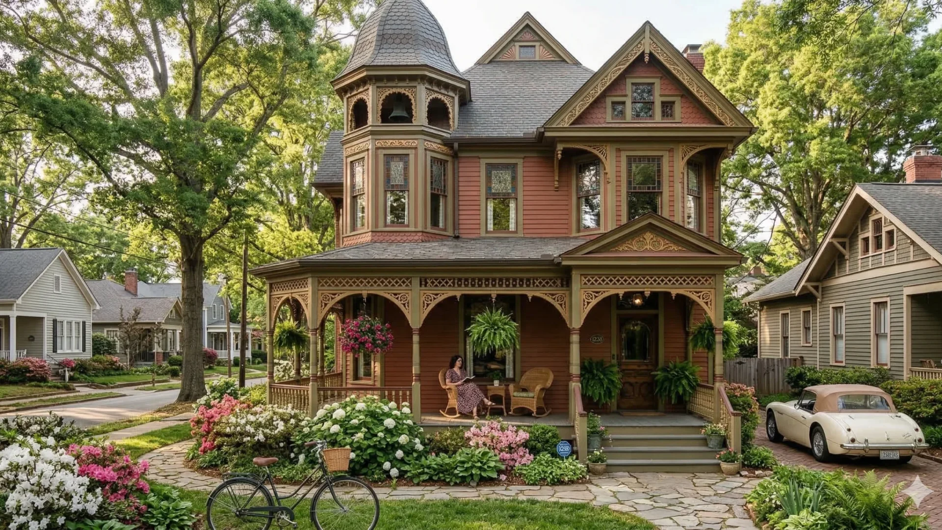 A Victorian house with a corner turret and a wraparound porch behind flowering shrubs