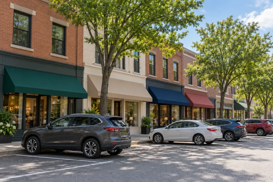 A small village shopping street of low brick and painted storefronts with plain coloured awnings, angled parking and mature street trees in bright daylight