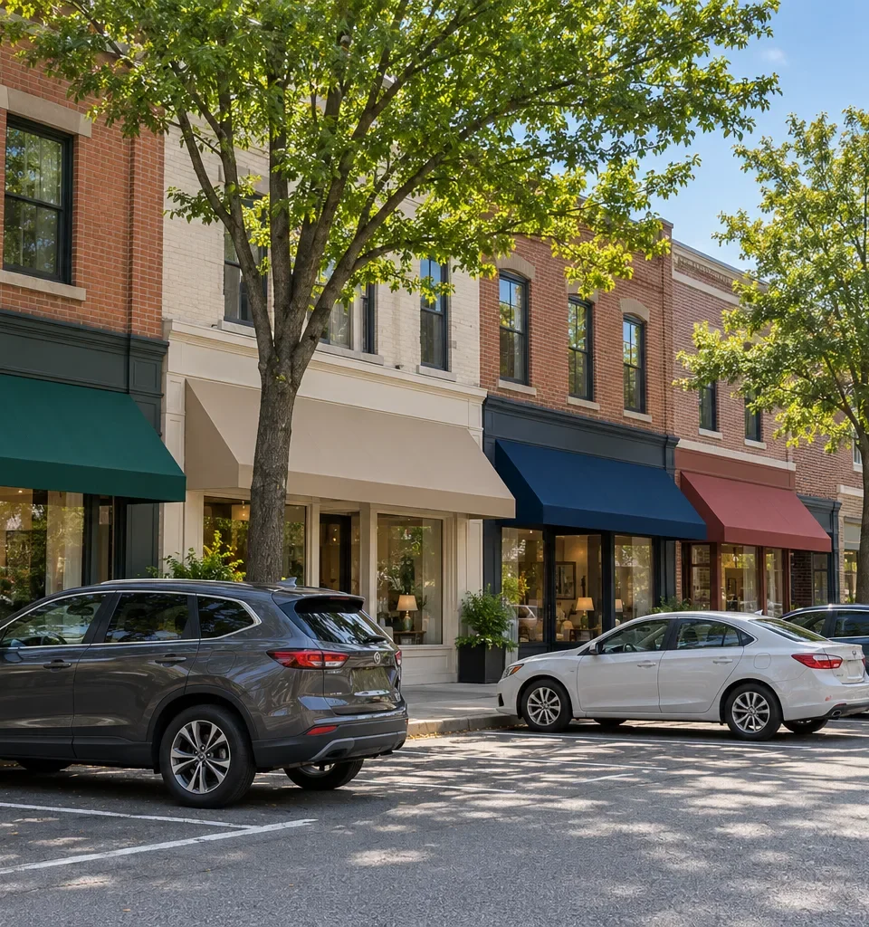 A village shopping street of two storey brick and painted buildings with awnings over the shopfronts