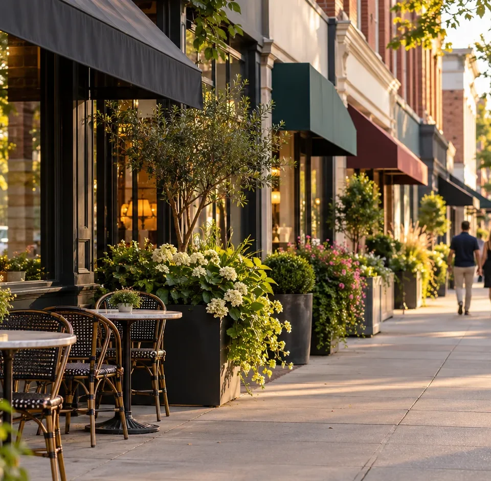 A walkable intown Atlanta commercial street with shopfront awnings and pavement cafe seating