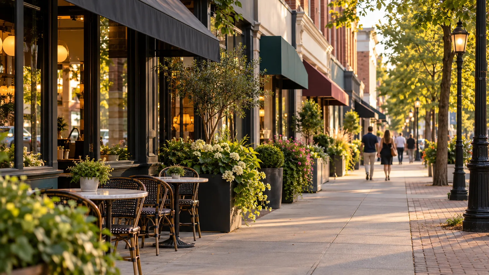 A walkable intown commercial street at early evening with awnings, planters and outdoor cafe seating in the foreground and a few distant pedestrians walking away down the pavement