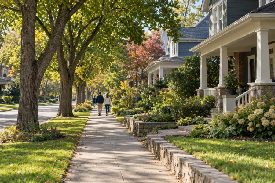 A tree lined residential street with wide pavements and low stone garden walls, two people walking away from the camera in the distance
