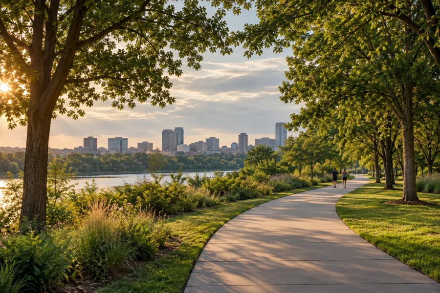 A wide paved multi use trail curving through parkland with mature trees, water beyond and a distant city skyline in late afternoon light