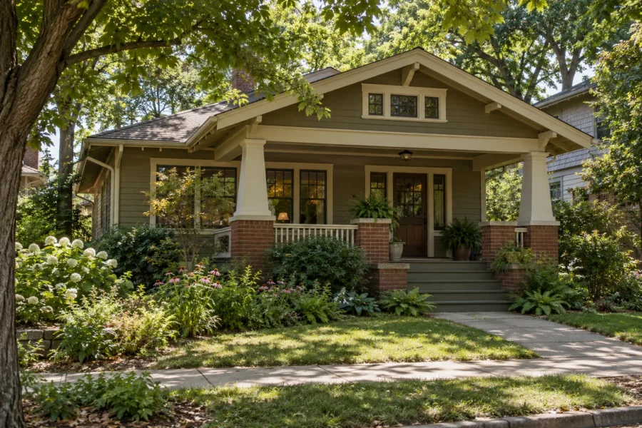 An older olive green bungalow with a deep front porch on red brick piers, tapered columns and a full cottage garden in warm daylight