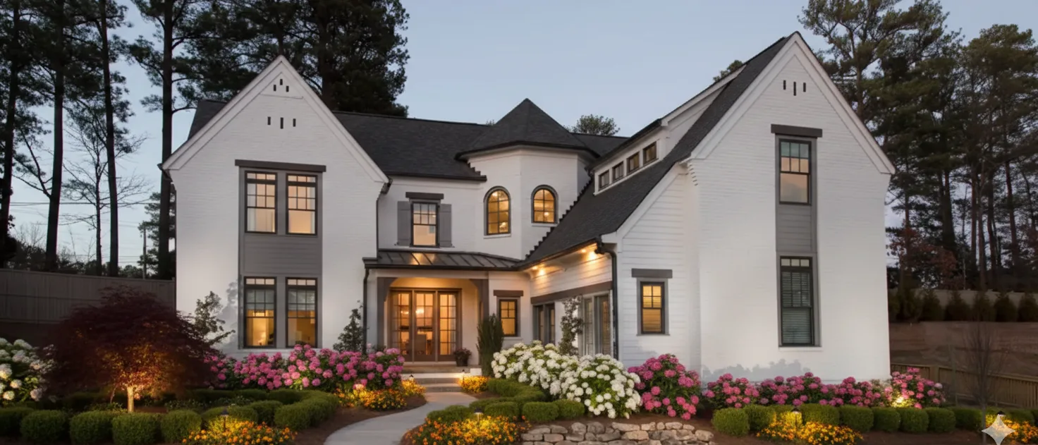 A white and black house lit from within at dusk above flowering beds