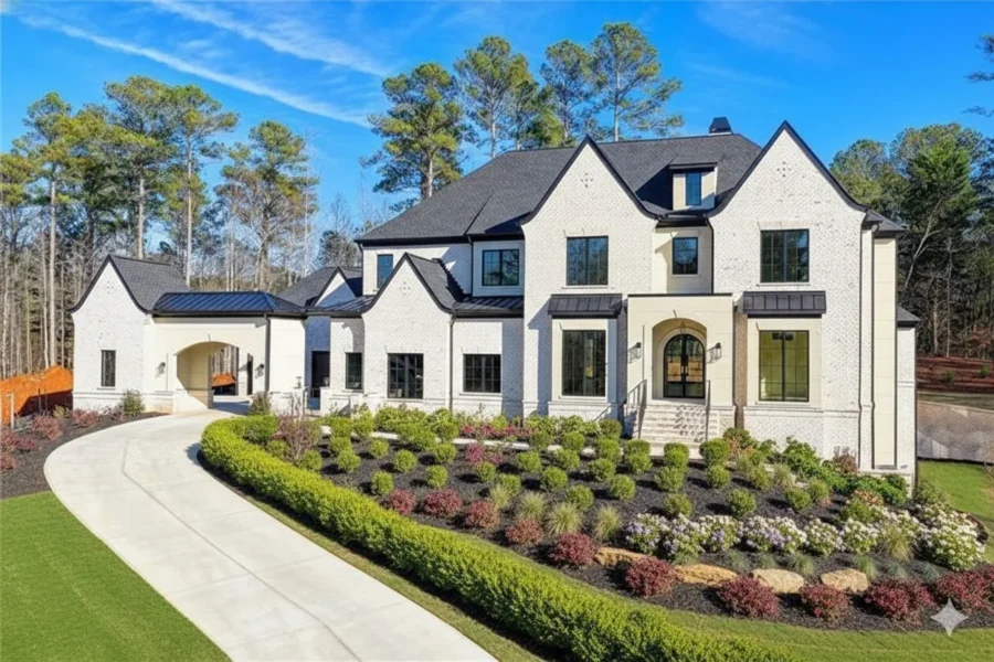 A white painted brick house with a black roof above a curving drive and layered planting