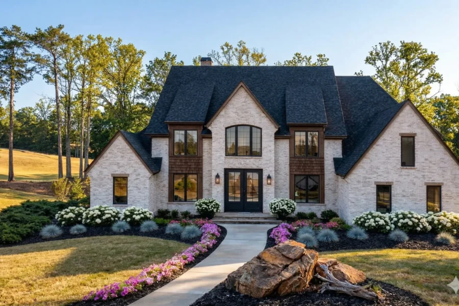 A white brick and cedar house with steep gables and a boulder-edged planting bed