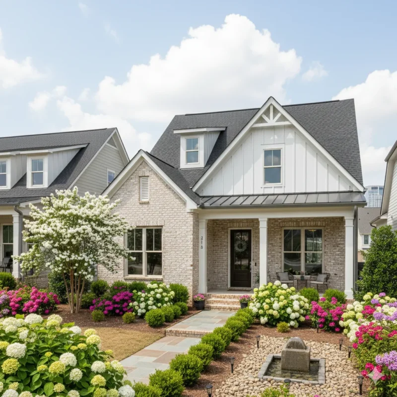 A white painted brick cottage with a flower-filled front garden