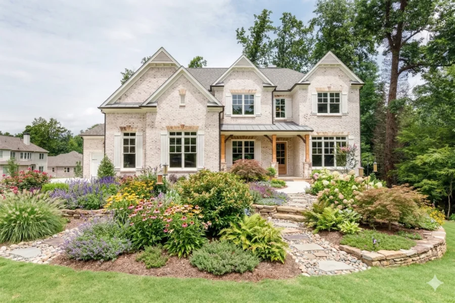 A white brick house behind a gravel path and loose cottage planting