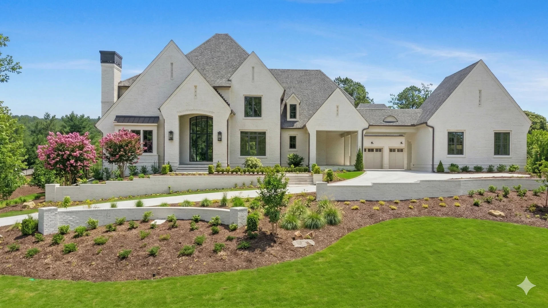 A large white brick house with multiple steep gables and flowering trees in the front garden