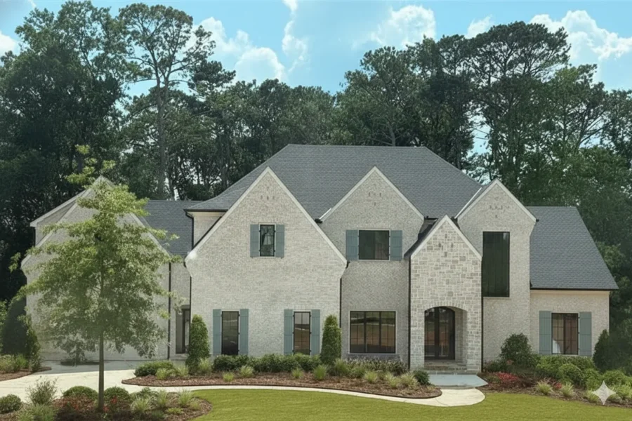 A white painted brick house with steep gables behind a curved drive