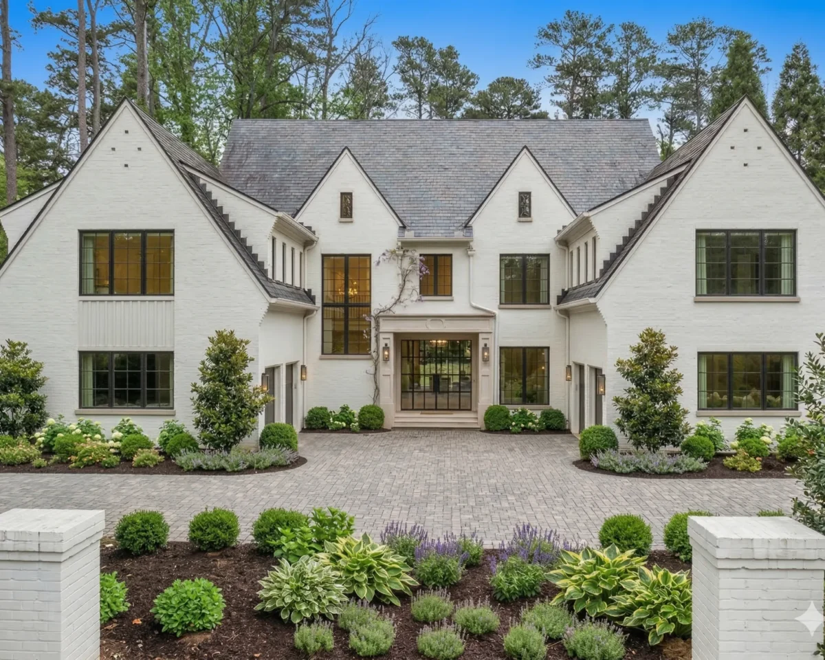 A white painted brick house with steep gables and a paved forecourt