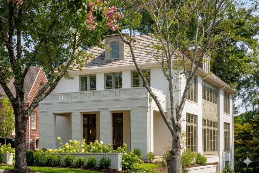 A white painted brick house seen through the trunks of mature trees