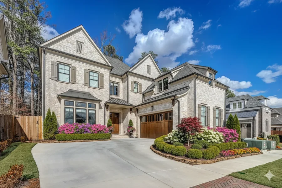 A large white brick house with a wood garage door above a paver drive