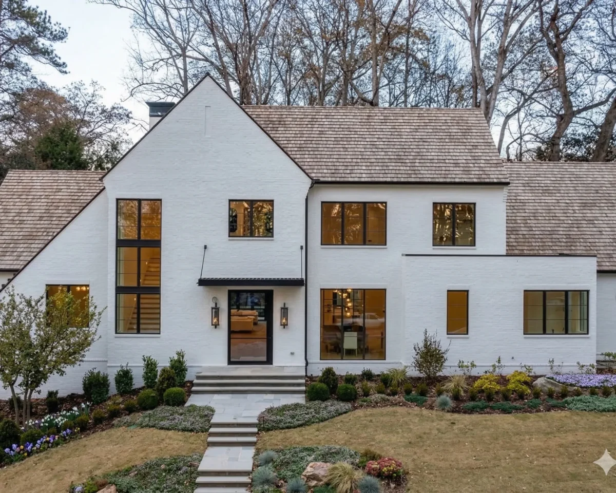 A white painted brick house with a shingled roof and lit windows