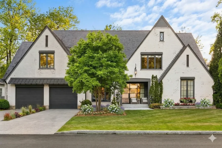 A white painted brick house with steep gables and a two-car garage