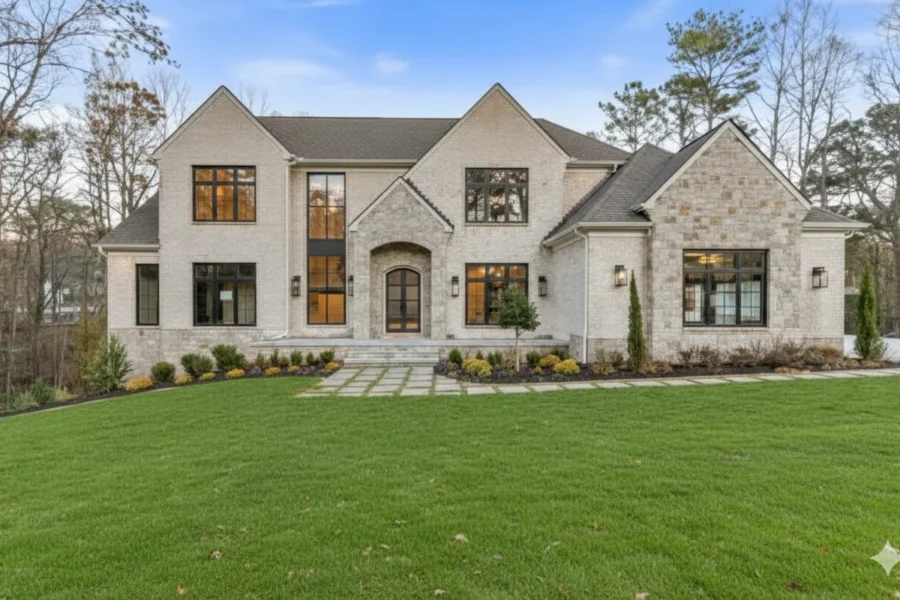 A white brick and stone house behind a wide front lawn