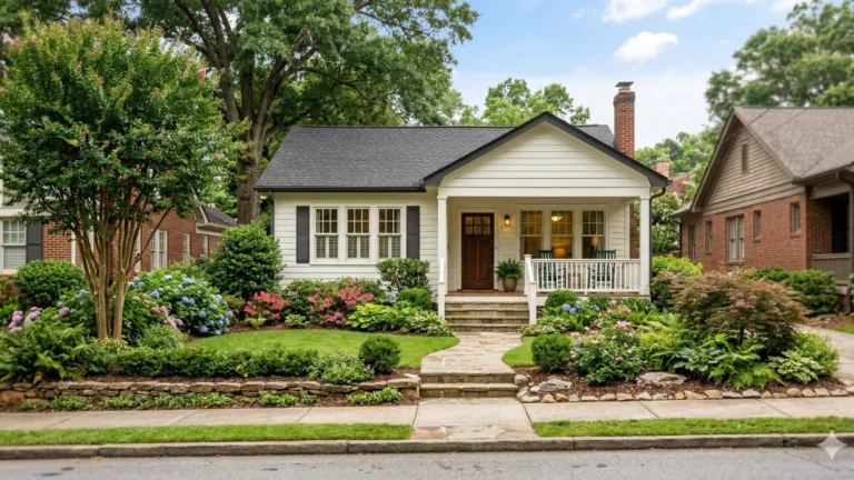 A white bungalow with a covered porch behind a flowering front garden