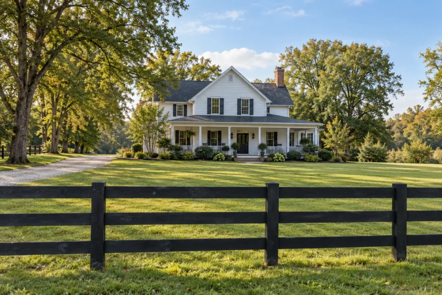 A white clapboard house with a deep covered porch set well back behind a black four board fence and a gravel drive across a wide level lawn