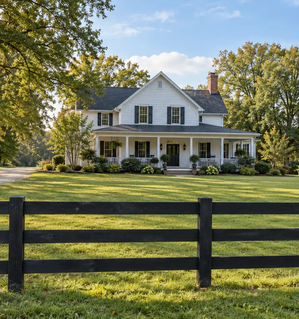 A white clapboard house with a deep covered porch