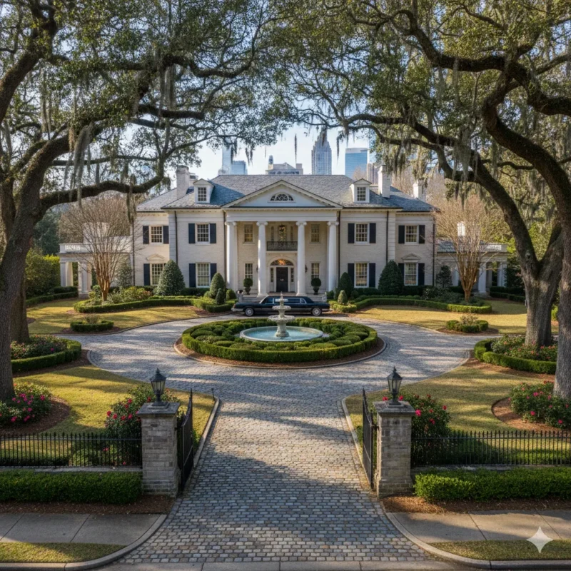White columned mansion at the end of a live oak allee with a fountain