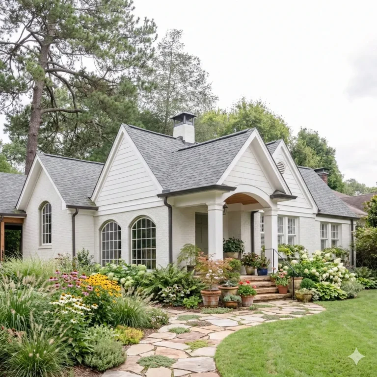 A white cottage with arched windows behind a stone path and cottage garden
