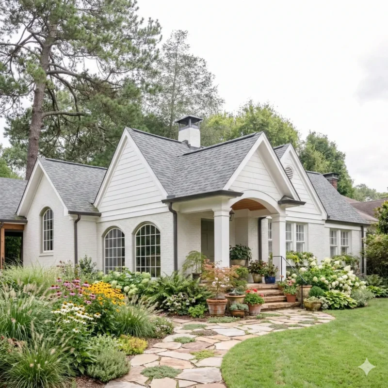A white cottage with arched windows behind a stone path and cottage garden