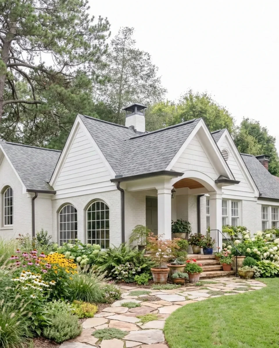 A white cottage with arched windows behind a stone path and cottage garden