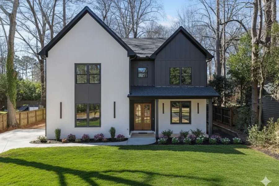 A white and dark clad modern farmhouse with a wide front lawn