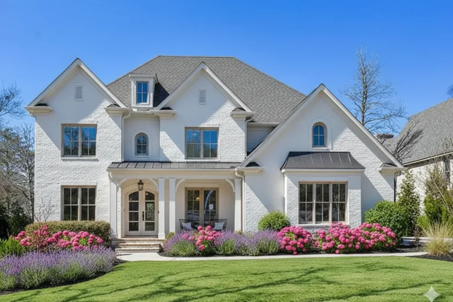 A white farmhouse style house with steep gables behind beds of flowering shrubs
