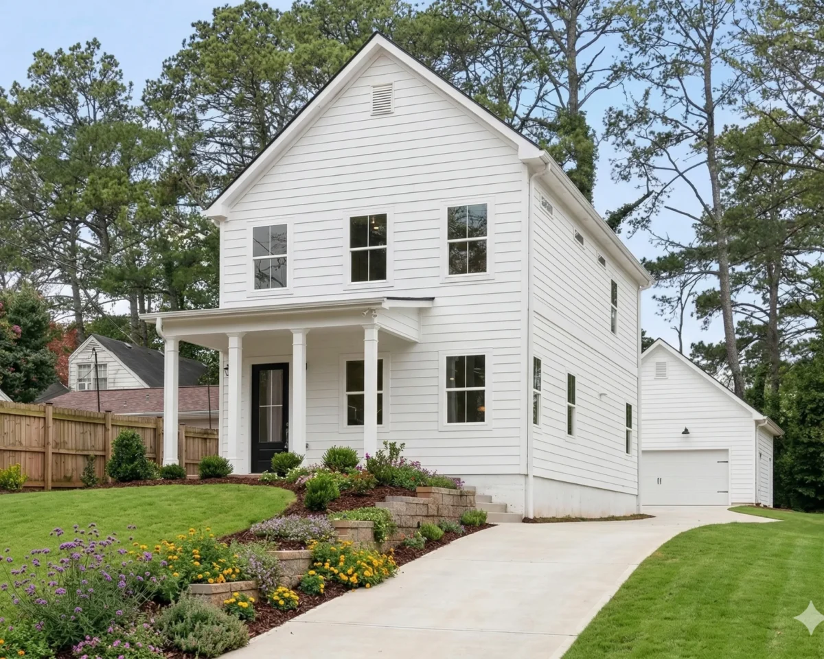 A white farmhouse style two-storey house with a side entry garage and a curving front walk