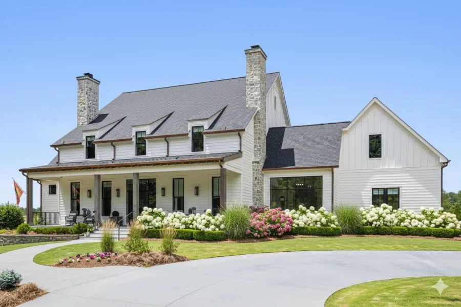 A white farmhouse with stone chimneys and a wraparound porch