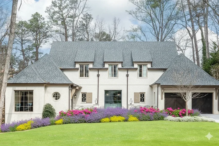 White French-style house with a steep slate roof and round windows