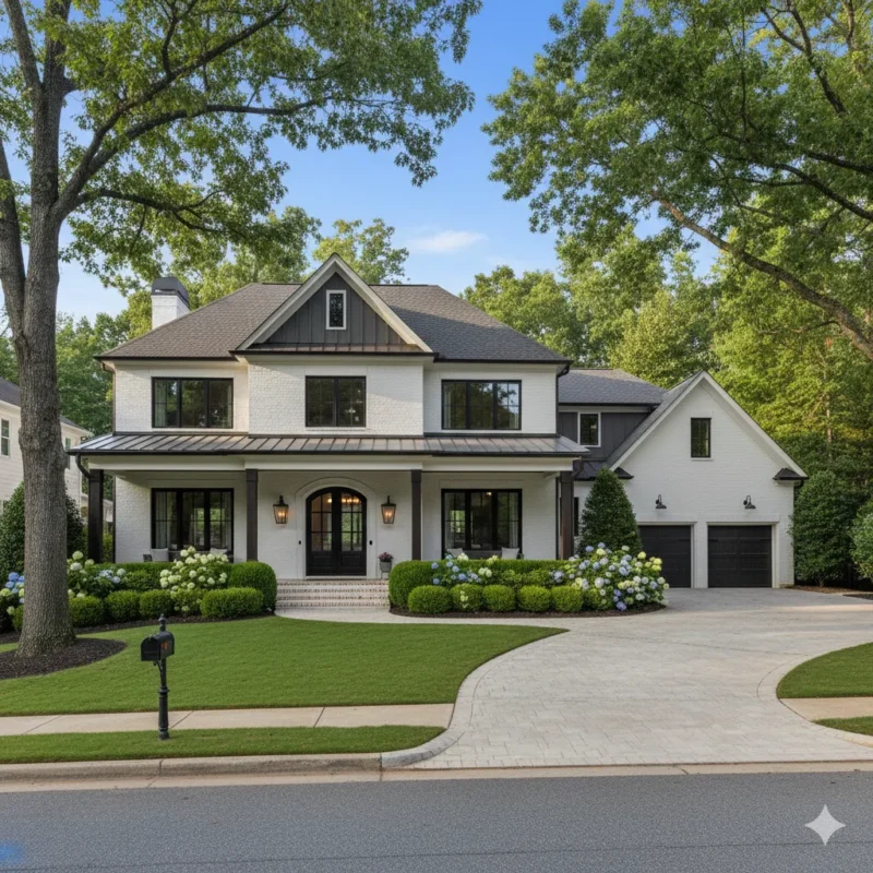 A white and grey house with a covered porch and a dark garage door