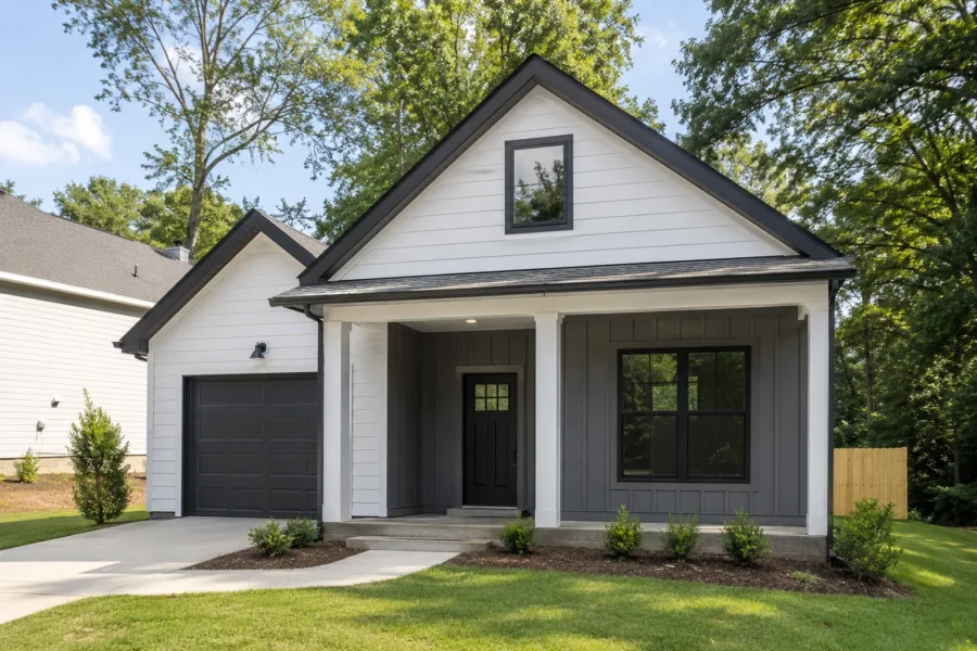 A white and grey modern cottage with a dark garage door and a small front lawn