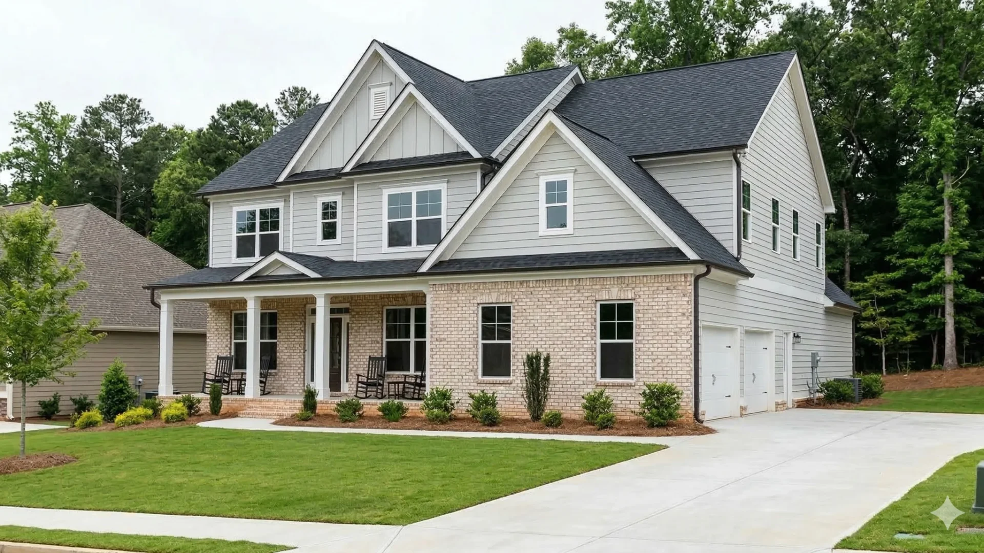 A white and grey two-storey house with a covered porch and a two-car garage