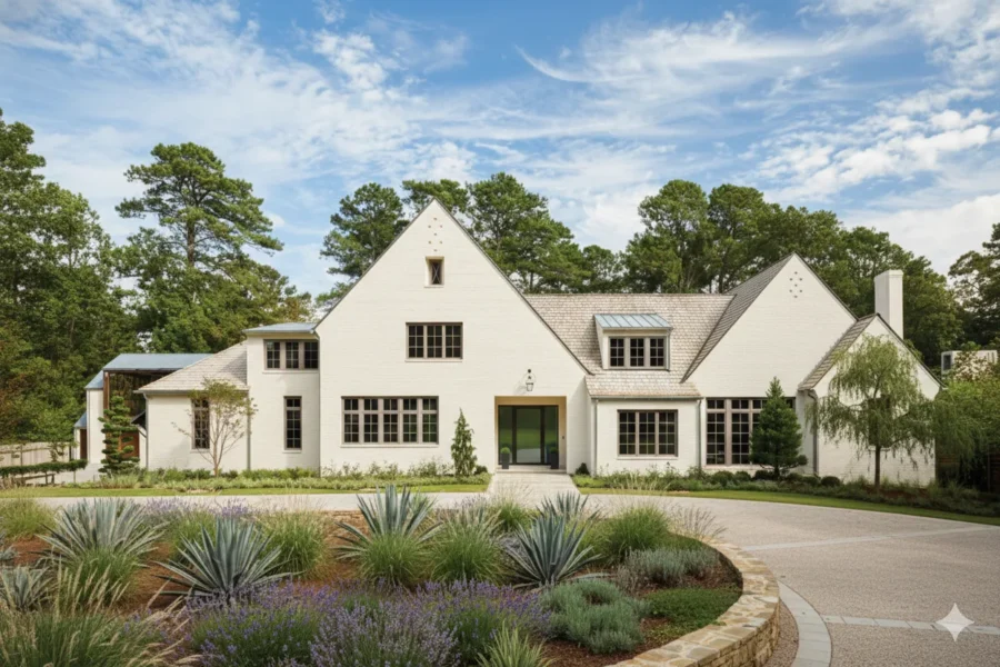 A white house with a circular drive and beds of ornamental grasses