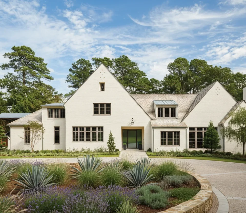 A white house with a circular drive and beds of ornamental grasses