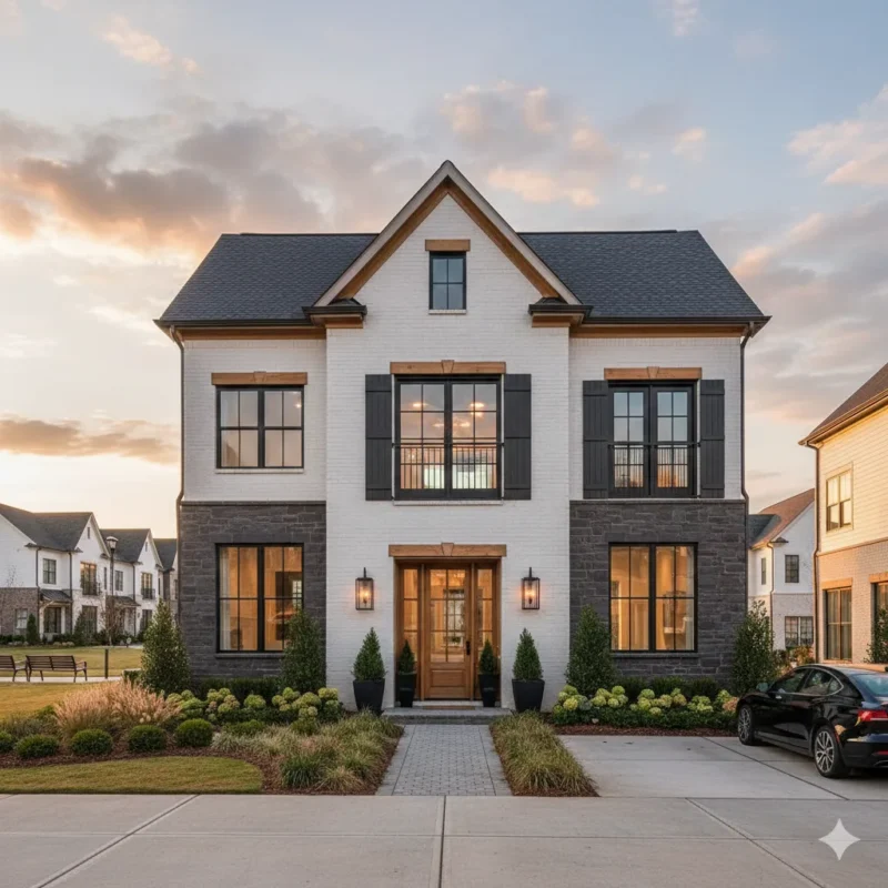 A white house with dark shutters and stone trim lit at dusk
