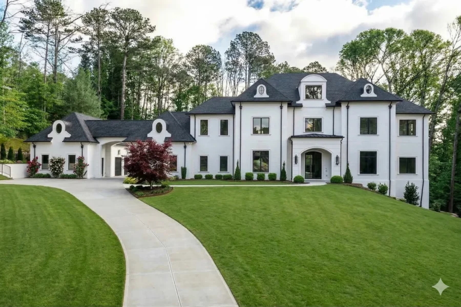 A large white house with dormers and a black roof at the end of a curved drive