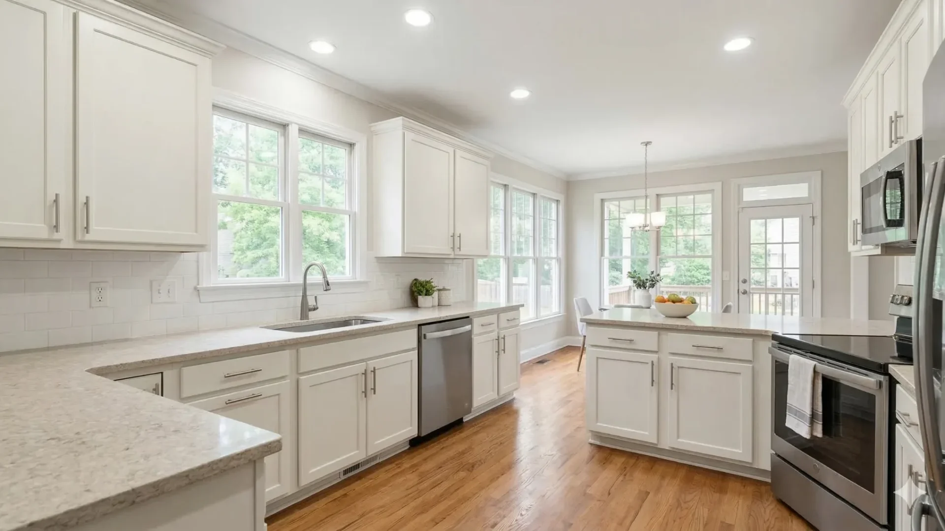 A white kitchen with quartz counters, stainless appliances and a central island