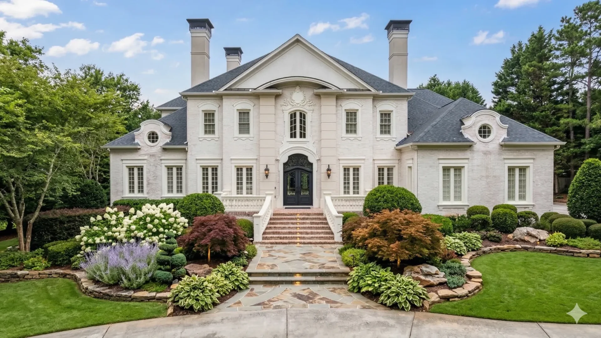 A white manor style house with a symmetrical facade and tall chimneys